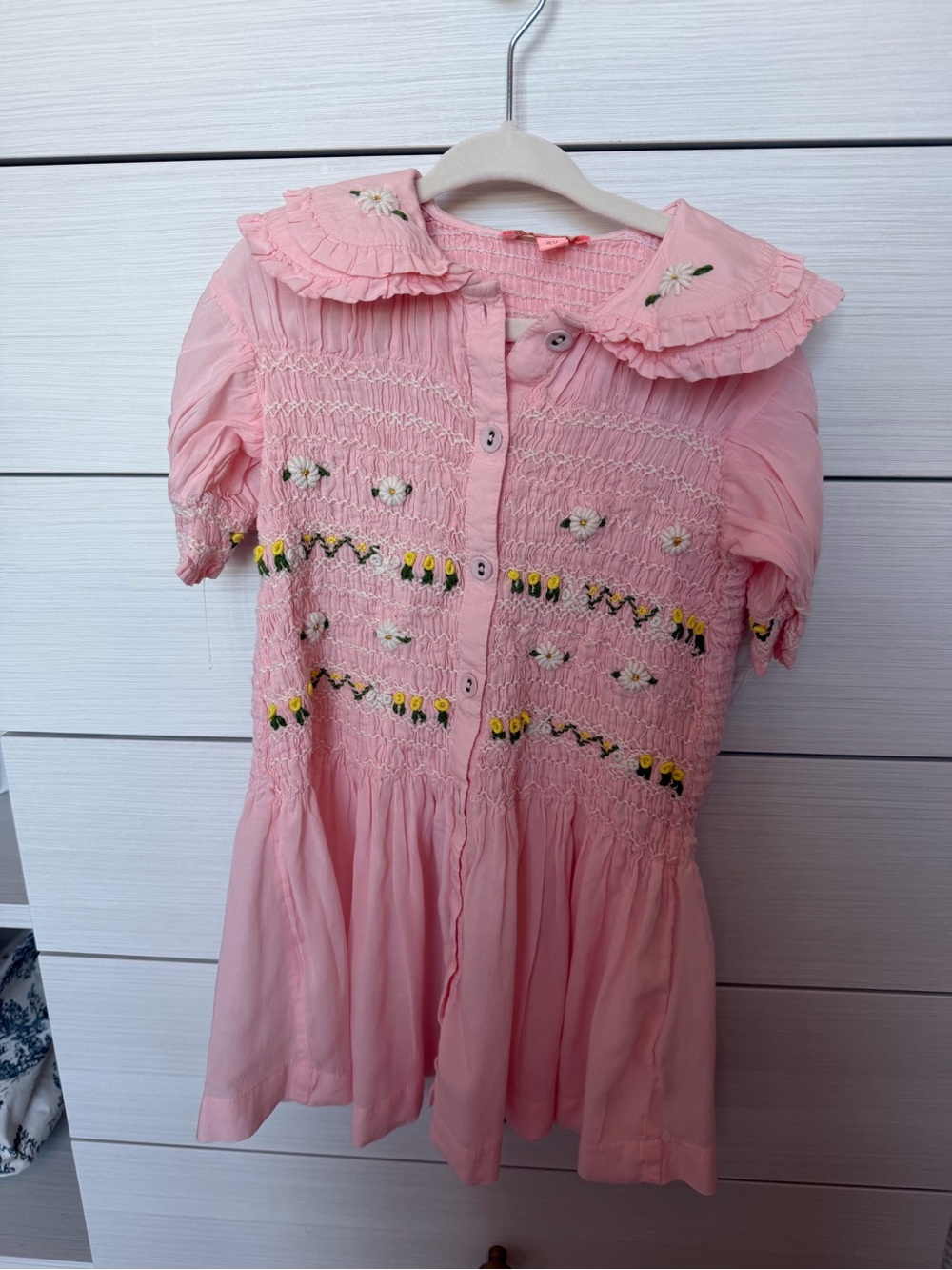 Girls' Pink Smocked Floral Button-Front Dress